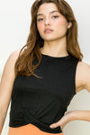 -Sleeveless Twist Crop-  Fitted bodice 94% Polyester,6% Spandex