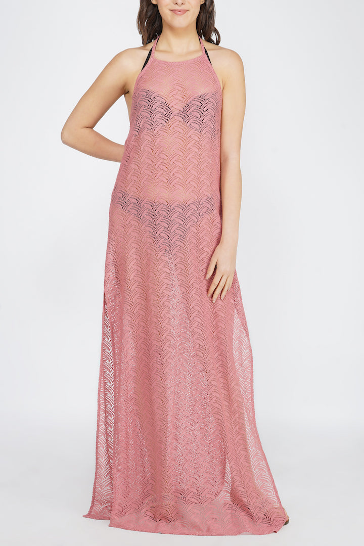 -Crochet Maxi Cover Up- We love how effortless our Crochet Maxi Cover Up is! Keep the boho vibes going all summer long with this handmade luxe look. With its flowy silhouette, you'll be comfortable throughout your beach adventures! Details: Tie-up alter neck Elasticated back Side slits