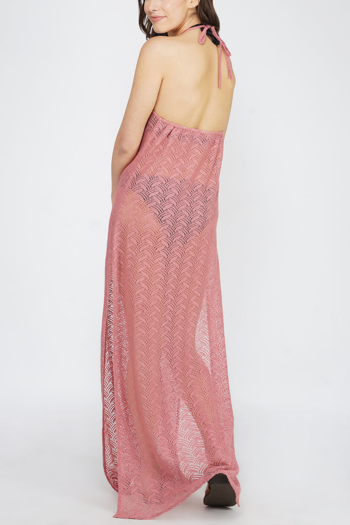 -Crochet Maxi Cover Up- We love how effortless our Crochet Maxi Cover Up is! Keep the boho vibes going all summer long with this handmade luxe look. With its flowy silhouette, you'll be comfortable throughout your beach adventures! Details: Tie-up alter neck Elasticated back Side slits