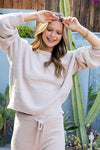 -Fuzzy Crew Neck Lounge Top-  This casual teddy lounge pullover is super soft and stretchy. The round neckline and relaxed fit knit give the feel of comfort and luxury. Pair with the matching joggers for the coziest fit ever!  95% Polyester, 5% Spandex, Machine wash cold, hang dry, S/M (2-8), M/L (6-12).