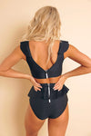 black ribbed and ruffled two piece swim suit with contrasting white back zipper
