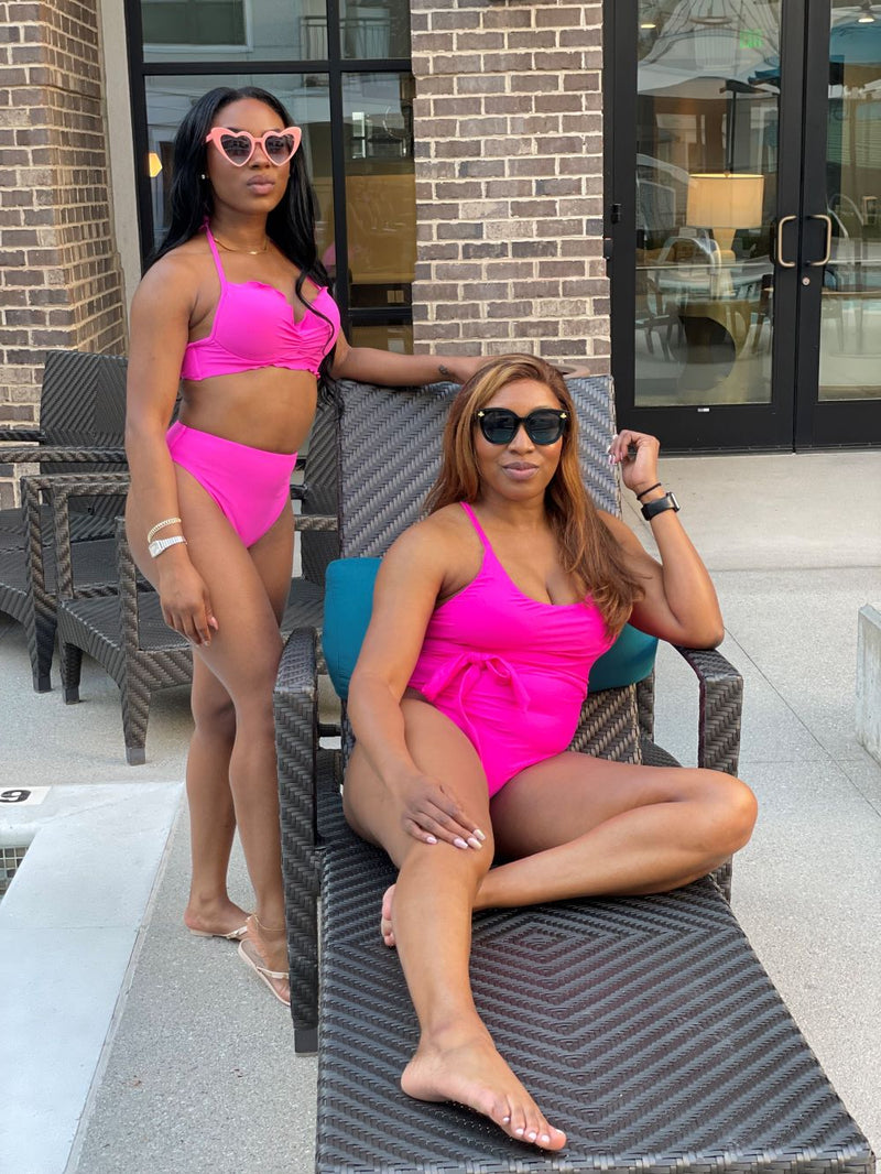 Hot pink bikini top and high waist bottoms. Hot pink one piece swimsuit with removable belt, adjustable straps and thong bottom.  Wear with flip flops and cover up to the pool or beach.