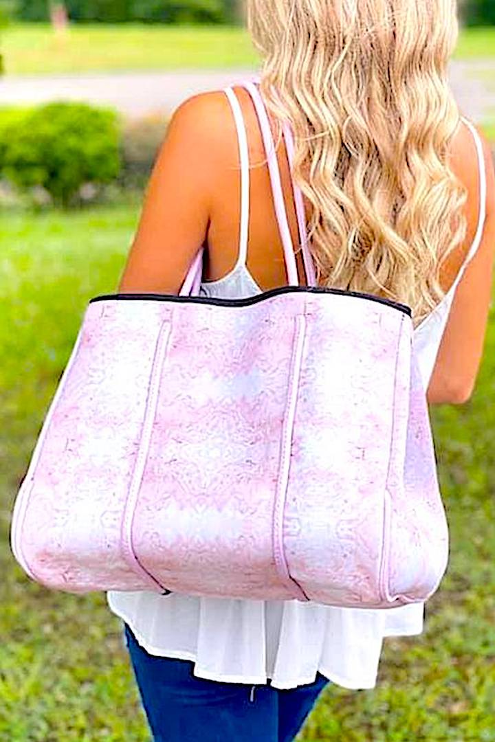 -Majestic Pink Tote-  Talking about Torie's Favorites! She loves these colors...pink and rose gold! This tote is a rose gold/ pink geode print, Match this tote with the matching round beach towel.