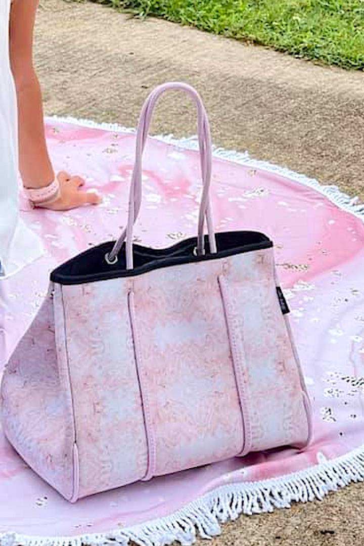 -Majestic Pink Tote-  Talking about Torie's Favorites! She loves these colors...pink and rose gold! This tote is a rose gold/ pink geode print, Match this tote with the matching round beach towel.