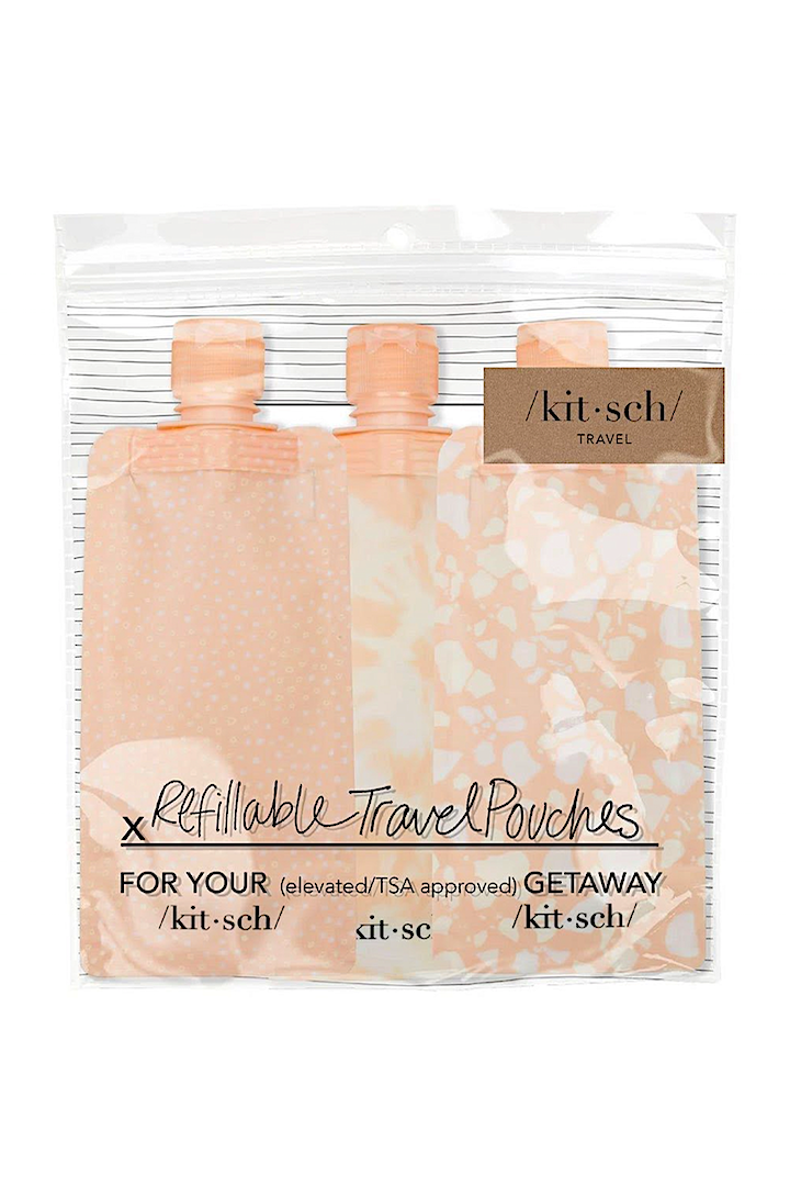 -Refillable Travel Pouches-  Make sure to take your favorite products and avoid having to substitute with our refillable pouches by Kitsch.   Meets TSA carry on liquid requirements, BPA-free: non-toxic & environmentally friendly, Stylish design, looks amazing on your vanity, Compact, lightweight and durable, Dishwasher safe. Three 90ml pouch bottles that fit inside of an 1qt reusable travel pouch.