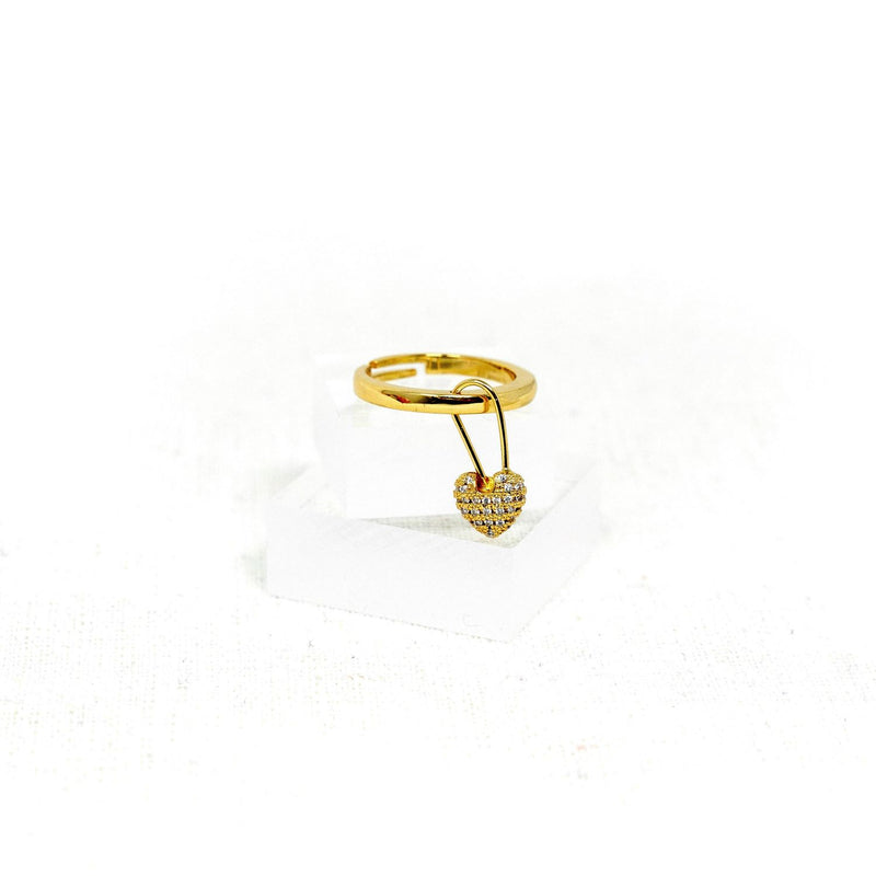 -Safety Pin Heart Ring-  The cutest gold ring with attached crystal encrusted heart safety pin. Great conversation piece!   High quality gold plated brass and crystals, Adjustable.