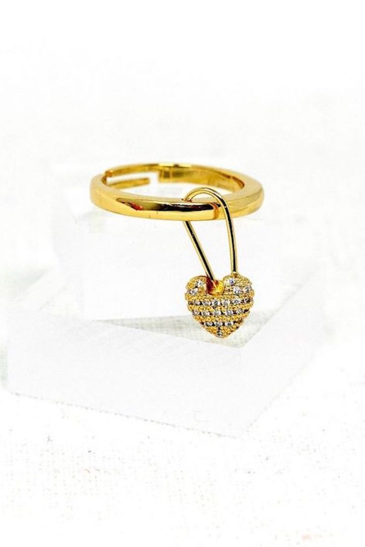 -Safety Pin Heart Ring-  The cutest gold ring with attached crystal encrusted heart safety pin. Great conversation piece!   High quality gold plated brass and crystals, Adjustable.