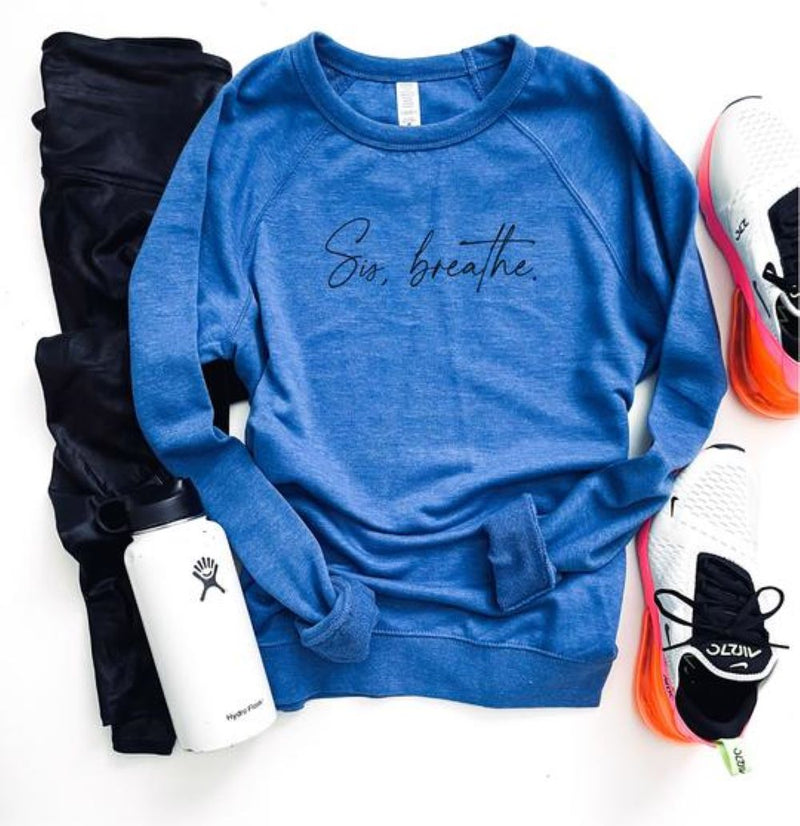 -Sis, Breathe Raglan- A reminder that we all need to BREATHE! This shirt definitely speaks to the sisterhood and how we support each other. Sis, Breathe!  Sizes: XS (0-4), S (6-8), M (8-10), L (12-14), XL (16-18), 2x (18-20). Premium unisex fit. True to size for a relaxed fit. 80% Cotton, 20% Poly.