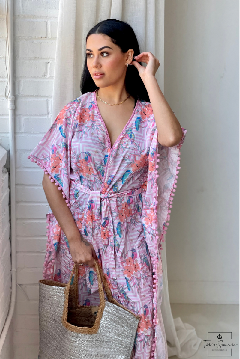Pink striped maxi length cover up with open butterfly sleeves